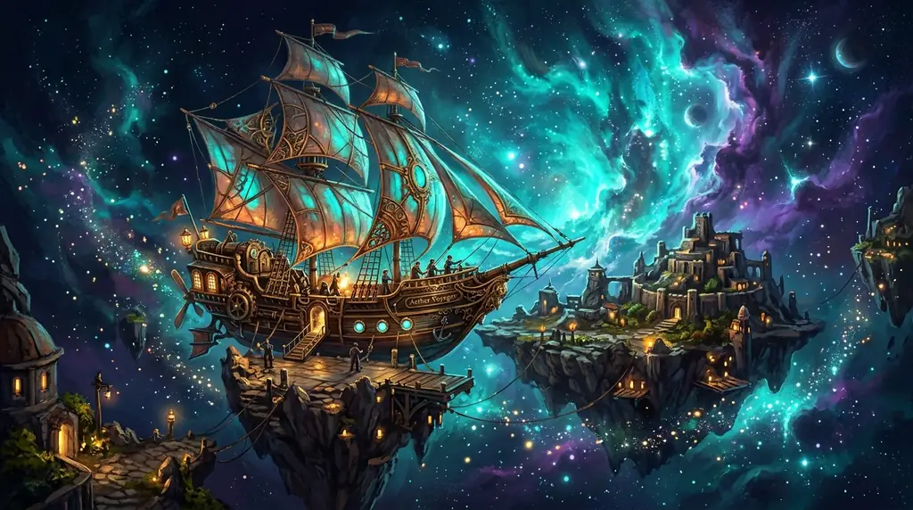 A breathtaking glowing teal and purple nebula with brass steampunk airships docking at floating islands