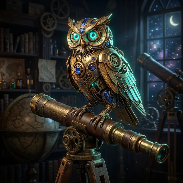 Orion, a brass and sapphire clockwork owl